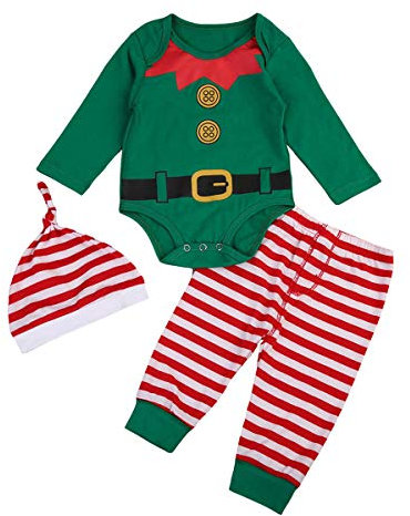 FYMNSI Neugeborenes Baby Mächen Jungen Weihnachtself Outfit Langarm Strampler Spielanzug Gestreift Hose Hut 3tlg Kleinkinder Unisex Erstes 1. Weihnahcten Party Bekleidungsset Fotoshooting 0-3 Monate