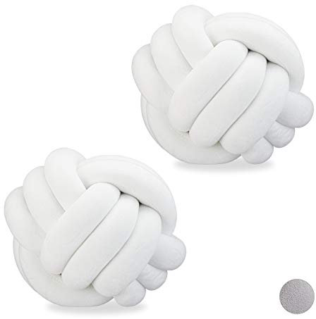 Relaxdays 2 x Knotenkissen, geknotetes Kissen für Sofa, Bett, dekorativ, skandinavisch, Zierkissen Knoten, Ø 25 cm, weiß
