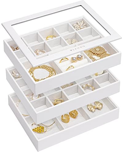 Vlando Stapelbare Schmucktabletts Glasdeckel, Schmuckkästchen Damen mit 3 Ebenen, Schmuck Organizer Schubladen aus Weiche Samt, Leder Aufbewahrungsbox Schmuckkasten für Ring Ohrring Halskette