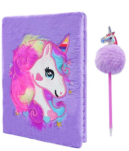Cyiecw Plüsch Einhorn Notizbuch, Magisches Tagebuch für Mädchen Schönes Einhorn Flauschiges Notizbuch 160 Seiten zum Schreiben und Zeichnen Geburtstag für Mädchen (Lila)