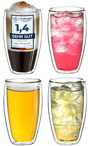 Creano doppelwandiges Thermoglas 400ml „DG-SH“, großes Doppelwandglas aus Borosilikatglas, doppelwandige Latte Macchiato Gläser, Kaffee, Tee, 4er Set