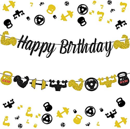 Gym Happy Birthday Banner Glitzer Schwarz und Gold Fitness Motto Geburtstag Banner für Männer Fitness Thema Geburtstag Dekorationen Gewichtheben Party Supplies