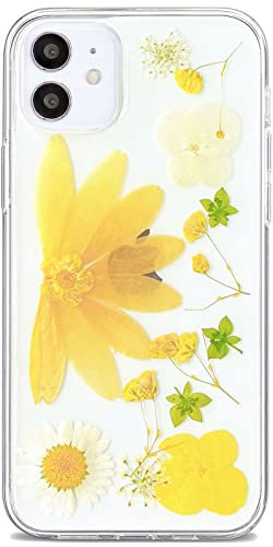 Abbery Designed for iPhone 12/12 Pro Pressed Flower Case, Cute Clear with Design Soft TPU Transparent Dried Real Flower Purple Floral Aesthetic Phone Case for Women Girls Kids (Yellow Flower)