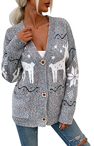 Womens Knit Cardigan Reindeer Print Long Sleeve Lightweight Aztec Comfy Chunky Sweater Outerwear