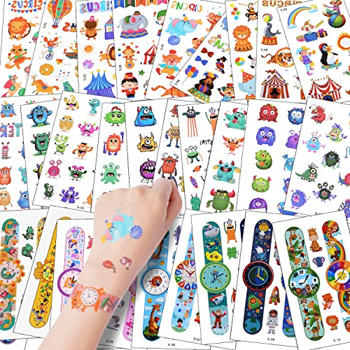 ACWOO Tattoo Kinder, 350+ Stücke Wasserdichte Kindertattoos Aufkleber mit Uhr Monster Zirkus, Temporäre Tattoos für Kindergeburtstag Party Mitgebsel Hautfreundliche Temporäre Kindertattoos