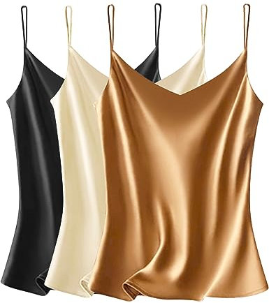 VIDUSSA Débardeurs Femmes Chemise Satin sans Manches Chemisiers Col V Blouse Haut T-Shirt Cami Tops 3 Pack BCHK M