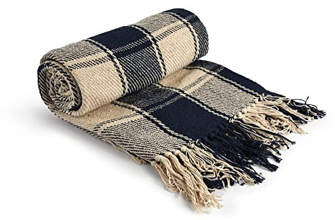 Emma Barclay Frisco – Couverture Traditionnelle en Coton recyclé à Carreaux pour Fauteuil, canapé, canapé – Bleu Marine – 127 x 152 cm