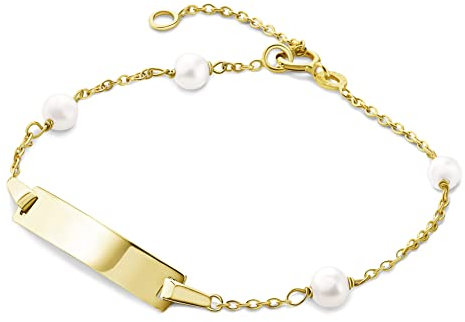 Miore Kids a pulsera infantil con placa para nombre y con 4 perlas blancas de agua dulce en oro amarillo 375, longitud 14 cm (12 cm + 2 cm de extensión)