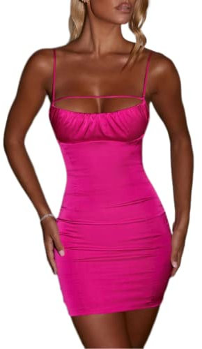 Genérico Vestido Corto Satinado Realce de Busto para Mujer (Talla S, Fucsia)