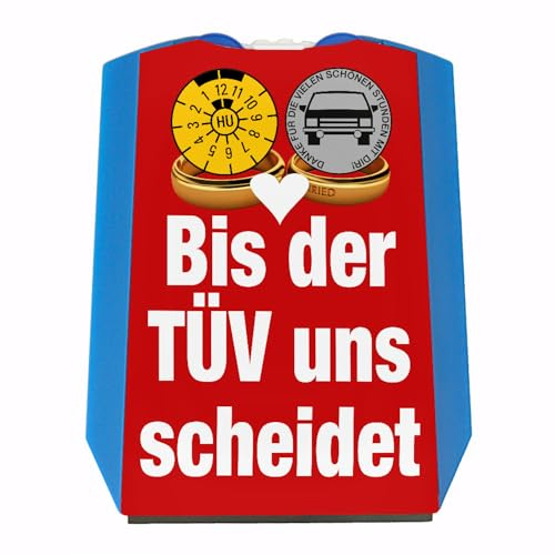 speecheese Bis der TÜV Uns scheidet Autoliebhaber Parkscheibe in rot Eiskratzer Wasserabstreifer und Einkaufswagen-Chips Oldtimer parken Autofahrer Parkplatz Liebe TÜV-Plakette