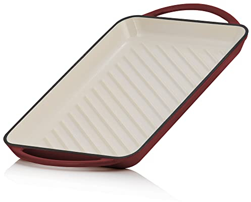 Mahlzeit Plancha de Hierro Fundido Esmaltado Dark Cherry | 39,5 x 22 x 3,5 cm | Parrilla para Asar con Asas, Rectangular, Estriada | Placa de Hierro Fundido Cocina Gas, Eléctrica, Inducción