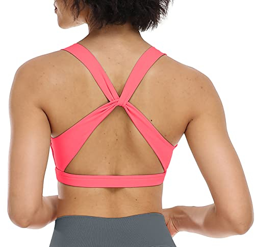 icyzone Reggiseni Sportivi per Donna con Cinghie Incrociate,Senza Ferretto Imbottito Removibile Traspirante Reggiseno per Yoga Fitness Ciclismo (XL,Rosa Fluo)