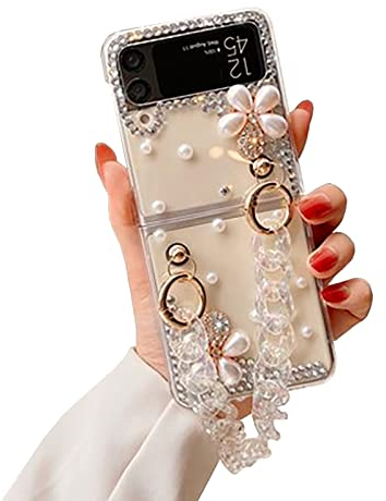 Shinyzone Bling Diamant Glitzer Hülle für Samsung Galaxy Z Flip4 5G mit Kette,Frauen Kristall Strass Blume 3D Edelsteine Rückseite Handyhülle mit Armband Fallschutz Stoßfest TPU Schutzhülle