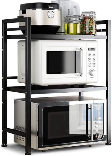 Estante para horno de microondas, soporte de microondas expandible, encimera de utensilios de cocina, almacenamiento de vajilla, de acero al carbono sobre estante de microondas con 3 ganchos