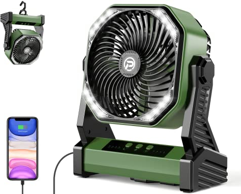 AddAcc 20000mAh Battery Operated Fan, Portable Rechargeable Desk/Camping Fan with Light and Hook, 270° Pivot 4 Speeds Battery Powered Outdoor Fan for Tent Car Trip Sleep Hurricane Power Outages…