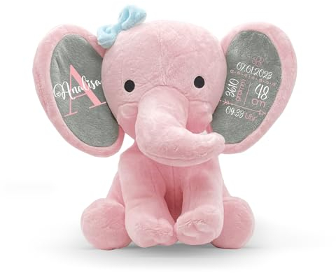 Love Faith - Kuscheltier Pinker Elefant mit rosa Schleife - personalisiertes Baby-Plüschtier - perfekte Geschenkidee zum Geburtstag, Taufe oder Geburt
