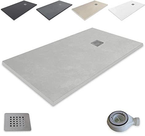 Extra-flat Resin Shower Tray outletaseo – All Sizes Available – Non-Slip Slate Texture – Includes Waste Valve + Grate (200x90, Gris ciment RAL 7037)