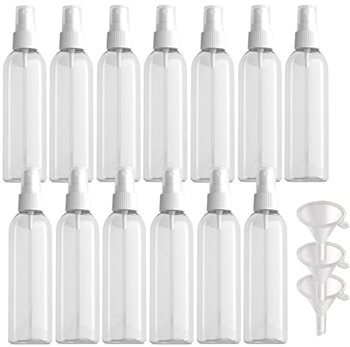 PQPAUTY 15 Piezas Pequeño 200ml Botella de Spray Plástico PET Vacías Transparentes con Bomba en Spray Blanco de Niebla Atomizador para Perfume Viaje Artículos de Agua Cosmético, 3 Pieza Embudo