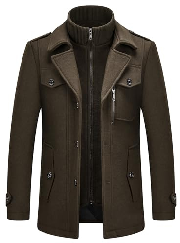 KUDORO Abrigos de lana para hombre, abrigo corto acolchado de invierno para uso casual de negocios, mezcla de lana gruesa, abrigo con cuello interior extraíble