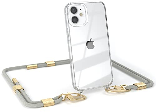 EAZY CASE - kombinierbare Handyketten kompatibel mit iPhone 12 Mini, Transparente Silikon-Hülle mit stylischen rundem Umhängeband, abnehmbar durch Karabiner, Gurt zum wechseln, Taupe - Clips Gold