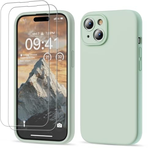 GOODVISH 3 en 1 Funda para iPhone 15 Silicona Líquida, Carcase con 2X Templado Protectora, 360 Protección de Cuerpo Completo la Pantalla y la Cámara AntiChoques iPhone 15 Case 6,1,Verde Claro