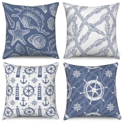 ASDCXZ Maritim Kissenbezug 50x50 cm 4er Set, Ozean Schale Anker Seekompass Blau Weiß Sofa Dekokissen Kissenbezüge Kissenhülle Waschbar Polyester Flachs Textil Outdoor Kopfkissenbezug Kissen Bezug