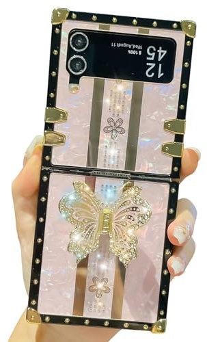TRODINO Compatible with Samsung Galaxy Z Flip 3/ Z Flip 4 Case, Luxury Bling Butterfly Design with Foldable Stand Kickstand for Women & Girls, Flexible Shockproof Protective Case 6.7” (Pink)