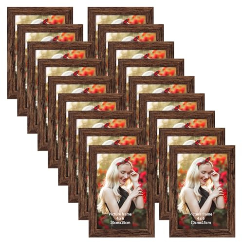 PETAFLOP Wooden Bulk 4x6 Picture Frame Set of 18, Rustic Brown Photo Frames Fits 4 by 6 for Wall or Tabletop Display