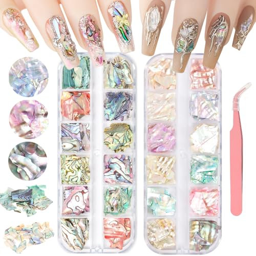 UHOMENY 3D Nail Art Shell Chips - Colorful Irregular Abalone Shell Chips for DIY Nail Art, 2 Boxes with Tweezers