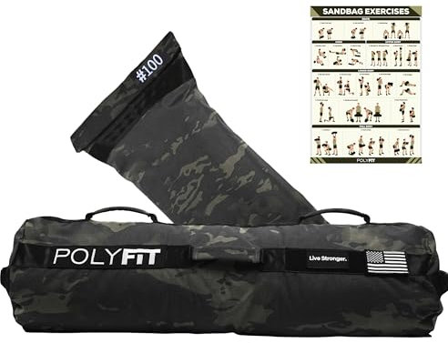 Polyfit Sandbag Pro – Workout-Sandsack mit Dreifach-Verschluss und verstärktem Nylon-Gurtband – Schwarz Camo – 45,4 kg