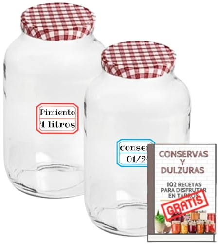 4 Tarros de Cristal de 4 litros con Tapas de Metal - Frascos grandes de 4000 ml para Conservas, Encurtidos, Alimentos Caseros - Botes de 4 litros - Incluye Etiquetas (4)