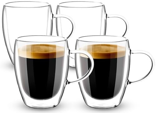 Esilihom 4 Pack Double Walled Coffee Glasses Mugs, 350ml Cappuccino Latte Macchiato Glasses Cups with Handle, Heat Resistant Borosilicate Glasses Cup for Coffee Tea Milk Juice Ice Cream