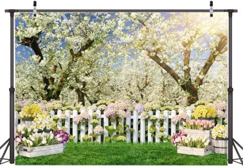 AIIKES 7x5FT Frühling Hintergrund Weiße Blumen Wald Baum Fotografie Hintergrund Geburtstagsfeier Hochzeit Baby Dusche Dekor Foto Studio Prop 12-665