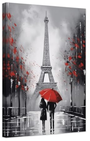 ZXHYWYM Rote und schwarze Paris Wanddekoration Eiffelturm Bilder romantisches Paar Leinwandgemälde roter Regenschirm Paar Poster Drucke Jubiläumsdekoration mit Rahmen (B (30.00 x 45.00 cms))