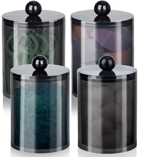 XIPENGKEJI Qtip Lot de 4 pots d'apothicaire avec couvercles pour cotons-tiges, balles, tampons, cure-fil, 283,5 g - 340,2 g - Organiseur de coiffeuse pour salle de bain (noir)