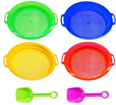 Abiemuce 4PCS Setacci Sabbia da Spiaggia, Setaccio Sabbia Bambini con 2 Pale, Setaccio Sabbia Piccolo Bambini, Setaccio Sabbia Fine Colorata per Cortile, Parco, Spiaggia, per Spiagge Ragazzi, Ragazze