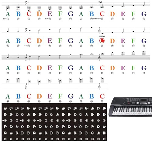 Klavieraufkleber für Keyboards Piano Kinder Lernen Anfänger Klavier Keyboard Noten Aufkleber für 88/76/61/54/49/37 Tasten Farbige
