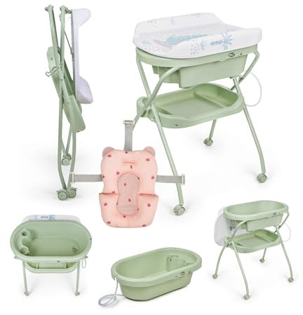 MS BabyWorld Bubble + Réducteur – Baignoire ergonomique pour bébé avec pieds et matelas à langer imperméable et rembourré | Fermeture compacte, organiseur, 4 roulettes avec freins (Vert/Rose)