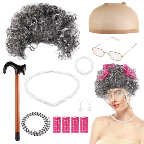 Perücken Kostümset für Alte Damen, 100 Tage Schulkostüm Oma Kostüm Perücke Cosplay Set für Alte Damen mit Brille Ohrringen Halskette Armband Gehstock für Halloween Maskerade Cosplay