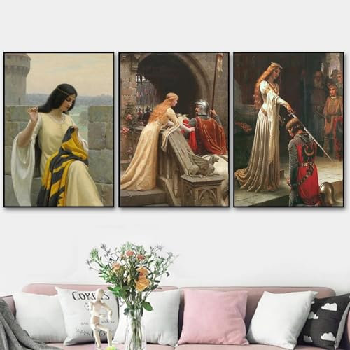 GKUVBF Klassische Gemälde, mittelalterliche Kunstdrucke, romantische Ritter, abstraktes Paar, Poster, Leinwand, nordisches Schlafzimmer, Wanddekoration, Bild, 60 x 80 cm, 3-teilig, rahmenlos
