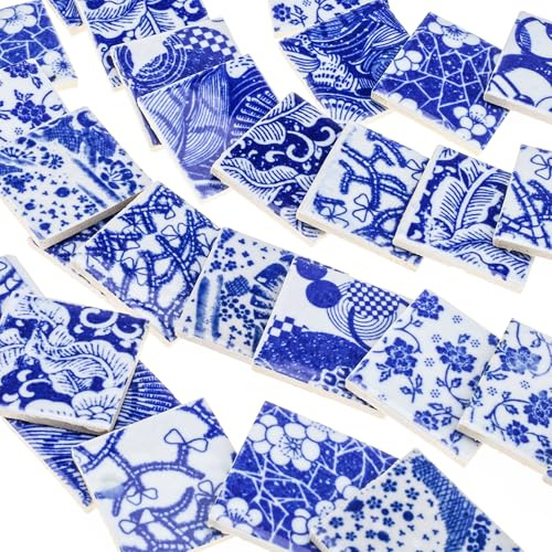 Quancru Ceramic Mosaic Tiles Celadon Small Square Tiles Blue and White Porcelain DIY Wall Bath Shower Floor Tile Garden Picture Frames - 1 Full Sheet