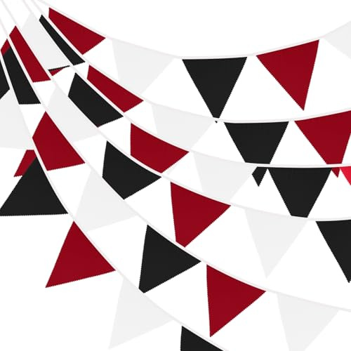 G2PLUS 12M Black Red and White Fabric Bunting Banner, 42PCS Large Bunting Banner 19x21CM Reusable Cotton Triangle Garland for Halloween, Graduation Party Decoration