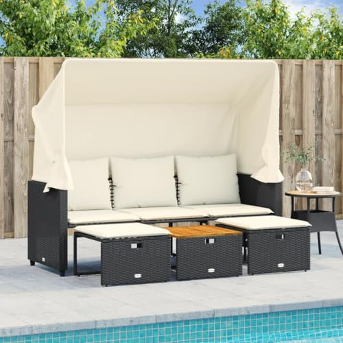 Xichuzi Outdoor-Sofa 3-Sitzer mit Dach und Hockern Schwarz Poly-Rattan, Lounge Sofa Outdoor, Garten Loungemöbel, Gartensofa, Gartenlounge - 365453