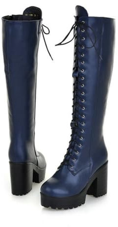 HXTYXCQ Donna Punta Tonda Plateau Stivali Lunghi Lacci Stivali da Motociclista con Cerniera Laterale Tacco Grosso Alto Stivali Alti al Ginocchio,Blu,39 EU