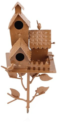 Bonbela Metal Bird House with Pole Metal Art Cottage Bird House Stakes Hummingbird House Distressed Metal Birdhouse Garden Decor (E)
