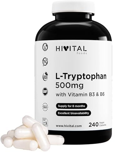 L-Triptofano 500 mg. 240 capsule vegane per 8 mesi di trattamento. 500 mg di Triptofano puro con 16 mg di Vitamina B3 (100% NRV) e 1,4 mg di Vitamina B6 (100% NRV). Prodotto in Europa da HIVITAL