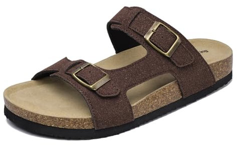 Merking Mujer Sandalias de Corcho Verano Mules Plana Hebilla Sandalias de Pala Cómodo de Ante Pantuflas XZ7623-ReddishBrown-EU40