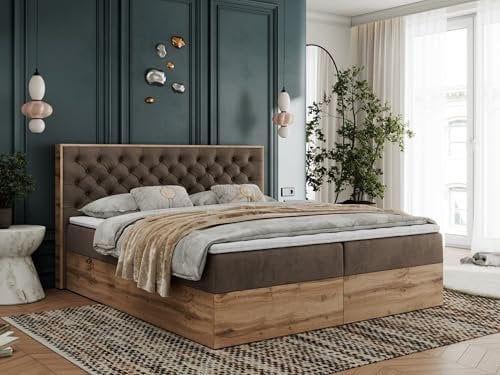 MKS MEBLE Boxspringbett 180x200 mit Bettkasten Holz Holzrahmen, Boxbett 180x200 mit Matratze H4 und Kopfteil - Braun Velvet - Albero-3