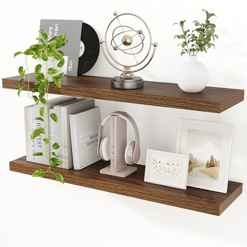 Feihorrm Floating Shelves for Wall, 90cm Floating Shelves Set of 2 Brown Wooden Wall Mounted Shelves for Bathroom Living Room Kitchen Bedroom Storage & Organizer