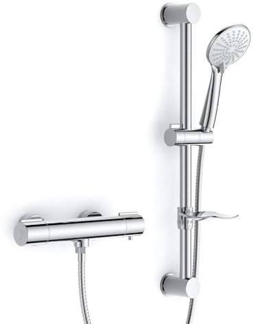 FORIOUS Duscharmatur mit Thermostat, Cool-Touch-Design, mit 60 cm Edelstahl-Duschstange & verstellbarem Duschkopfhalter, 3 Strahlarten, 38 °C Sicherheitsverriegelung, Wassersparend, Chrom